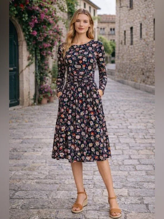 Boden Abigail Jersey Midi Dress Navy Floral Ruched Waist Size 8 Elegant - Picture 13 of 13